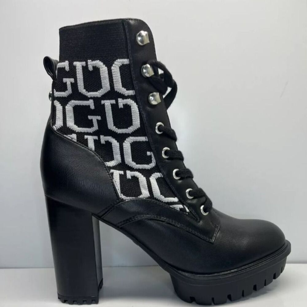 GUESS Ankle Boots Knit Logo Platform Black White WOMENS SIZE 11M